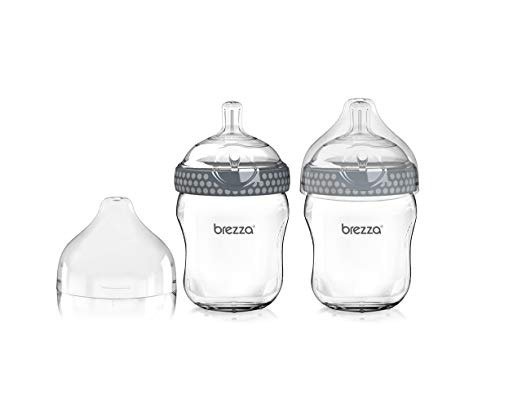 Two Piece Natural Glass Bottle with Lid - Ergonomic, Wide Neck Design Makes it The Easiest to Clean - Modern Look - Anti-Colic, 8 Ounce Size - 2 Bottles, Grey