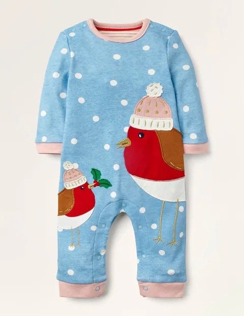 Christmas Robin Romper - Frosted Blue/Ivory Robins | Boden US