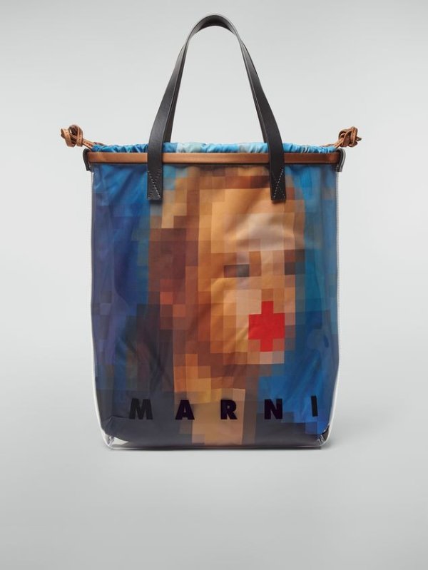 Shopping Bag In Transparent PVC With Blue Interior Bag In Satin Pixel Grace Print from the Marni Fall/Winter 2019 collection | Marni Online Store