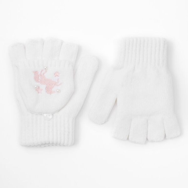 Unicorn Fingerless Gloves With Mitten Flap - White