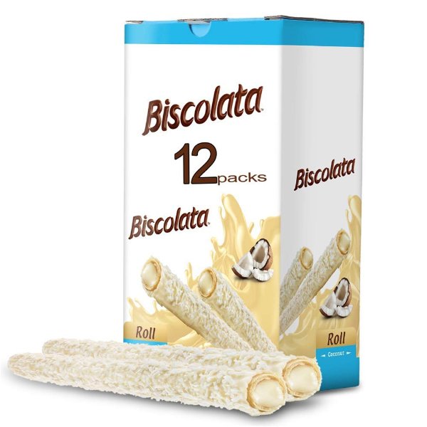 Biscolata Rolled Wafers Snacks with Premium Chocolate Cream Filled - Coconut - Pack of 12