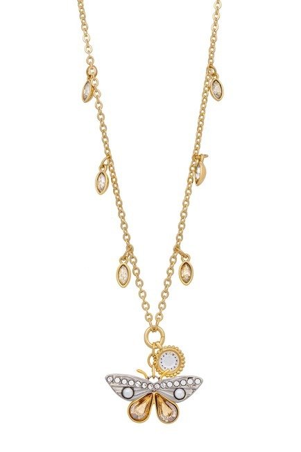 23K Yellow Gold Plated Swarovski Crystal & Crystal Pearl Station Butterfly Pendant Necklace