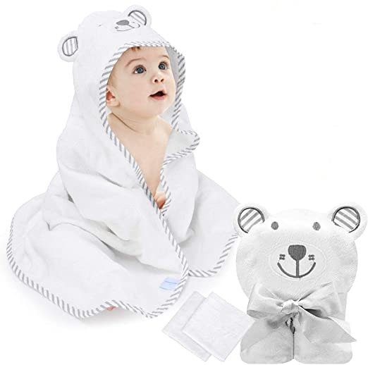 Baby Hooded Towel Organic Bamboo Baby Bath Towels for Toddlers, Ultra Soft, Super Absorbent Thick, Large 35" x 35", Cute Ear Design, 2 Washcloth, Perfect Baby Shower for Boys and Girls
