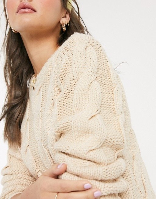 Brave Soul craft cable knit sweater in biscuit | ASOS