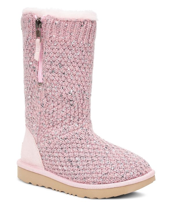 Pink Crystal Sequin Knit Boot Slipper - Girls