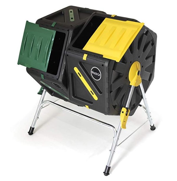 Miracle Gro Dual Chamber Compost Tumbler – Outdoor Bin with Easy-Turn System, 2 Sliding Doors, Sturdy Steel Frame – All Season Composter , BPA-Free + FREE Scotts Gardening Gloves (2 X 18.5gal/70L)