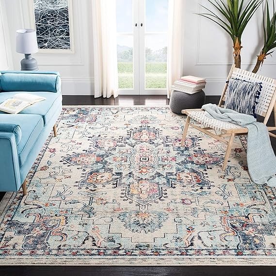Madison Collection Area Rug - 8' x 10', Cream & Blue, Boho Chic Medallion Distressed Design, Non-Shedding & Easy Care, Ideal for High Traffic Areas in Living Room, Bedroom (MAD473B)