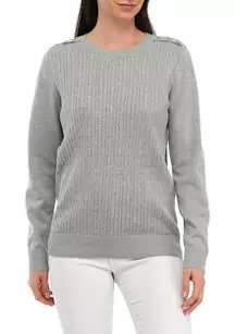 Women's Long Sleeve Cable Crew Neck Button Sweater