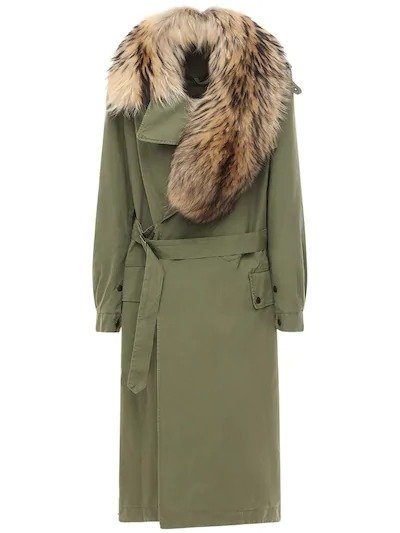LONG BELTED TRENCH COAT W/ FUR COLLAR