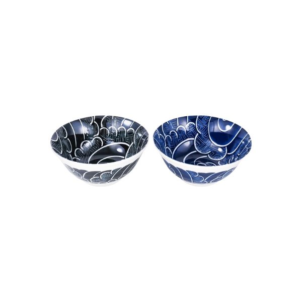 日本 黑蓝花云纹碗组 两个入