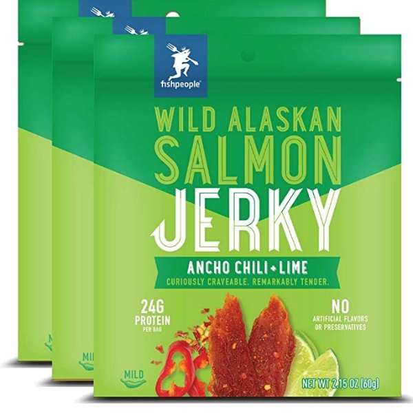 Wild Alaskan Salmon Jerky, Ancho Chili + Lime, 2.15 ounce (3 pack), 24g Protein and 900mg Omega-3s per bag, Low sugar, Gluten-free, Antibiotic-free, Non-GMO.