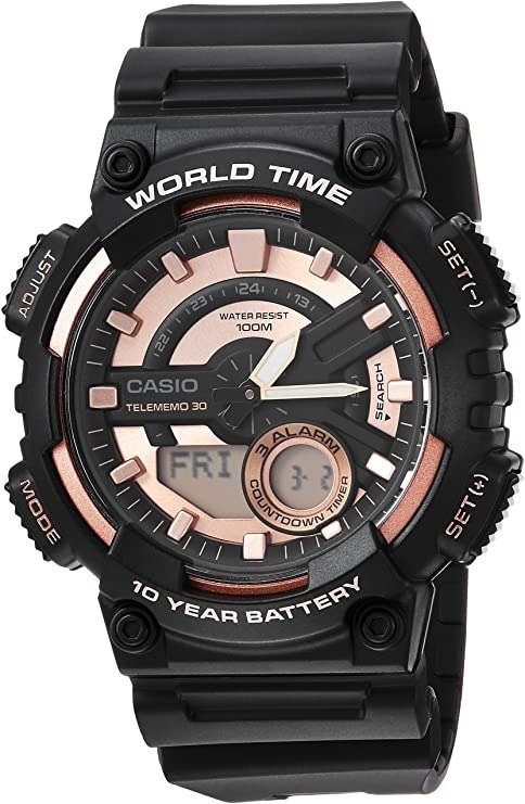 Men's Telememo Quartz Watch with Resin Strap, Black, 28 (Model: AEQ-110W-1A3V)