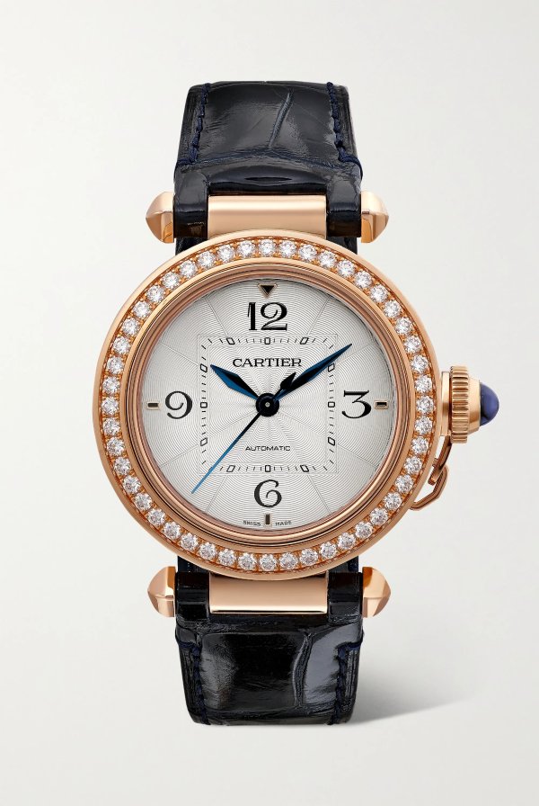 Pasha de Cartier Automatic 35mm 18-karat rose gold, alligator and diamond watch