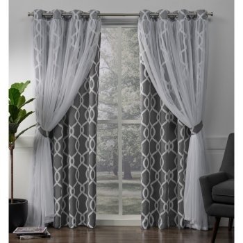 Exclusive Home Carmela Layered Geometric Blackout and Sheer Window Curtain Panel Pair