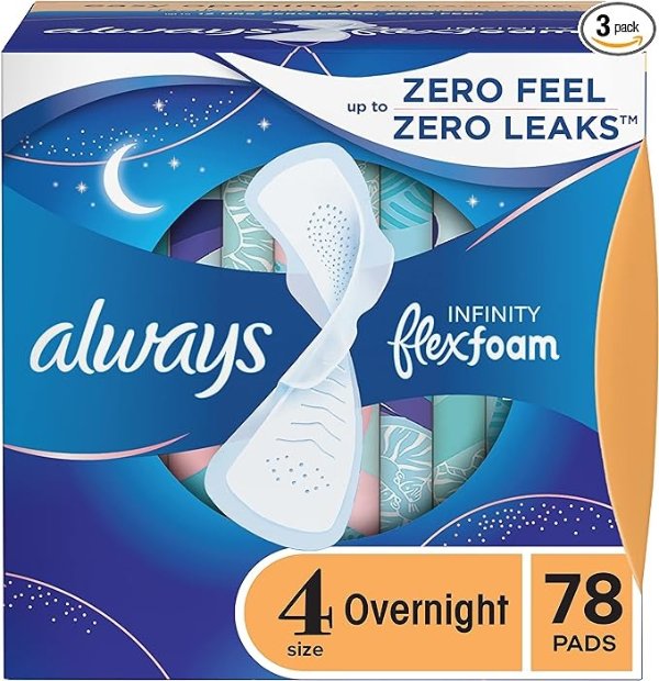 Infinity Size 4 Overnight Pads with Wings, Unscented, 28 Count (Pack of 3), Packaging May Vary