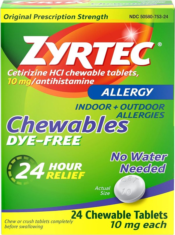 Zyrtec 24 Hour Allergy Relief Berry Chewable Tablets, 10 mg Antihistamine Cetirizine HCl per Tablet 24 Ct