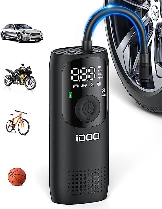 CORDLESS Tire Inflator-iDOO Portable Air Compressor 150PSI Air Pump with Pressure Gauge, LED Light, Quick Inflations for Car, Bicycle Motorcycle and Balls | Multipurpose Car Accessory for Men & Women