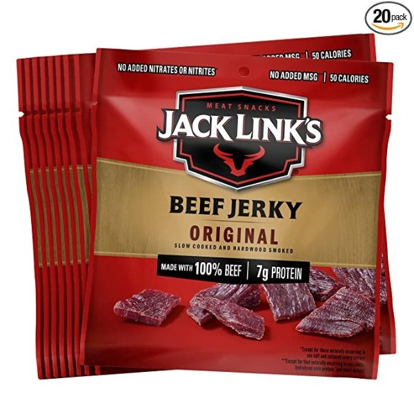 Beef Jerky, Original, Multipack Bags - Flavorful Meat Snack for Lunches, Ready to Eat - 7g of Protein, Made with Premium Beef, No Added MSG** - 0.625 oz (Pack of 20)