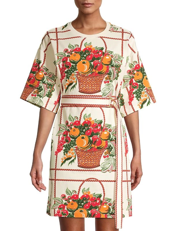 Belted Fruit Basket-Print T-Shirt Dress