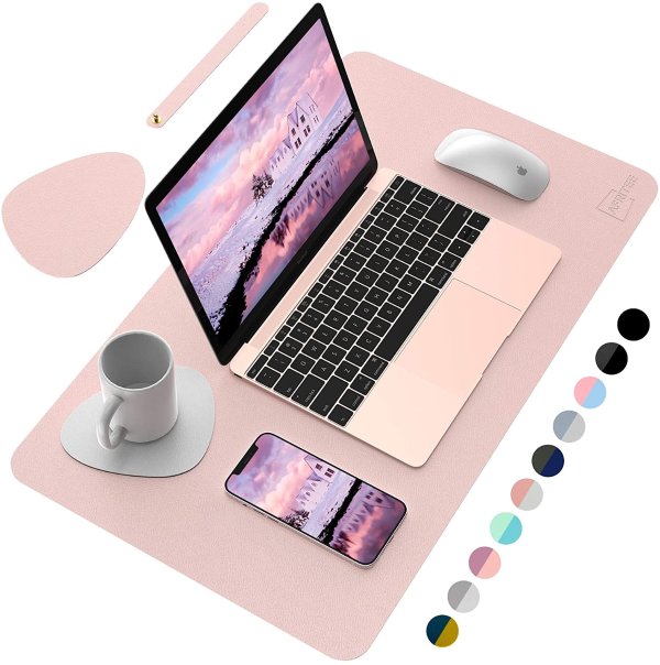 Desk Pad Desk Protector Mat - Dual Side PU Leather Desk Mat Large Mouse Pad, Writing Mat Waterproof Desk Cover Organizers Office Home Table Gaming Decor （Rose Pink/Silver, 23.6" x 13.8")