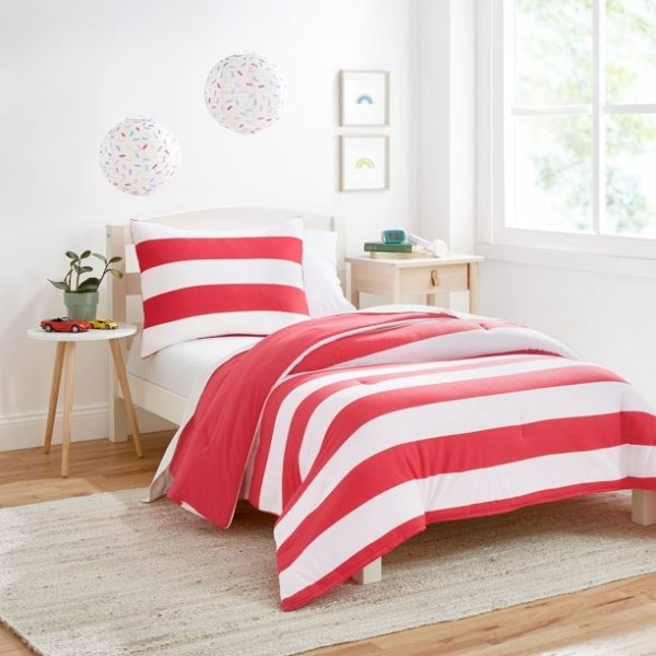 Gap Home Kids Rugby Stripe T-Shirt Soft Jersey Organic Cotton Blend Comforter Set, Twin, Red, 2-Pieces
