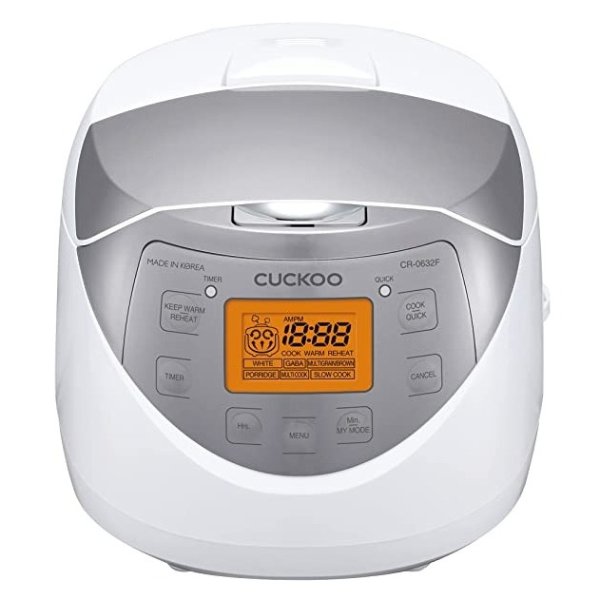 CR-0632F | 6-Cup (Uncooked) Micom Rice Cooker | 9 Menu Options: White Rice, Brown Rice & More, Nonstick Inner Pot, Made in Korea | White/Grey