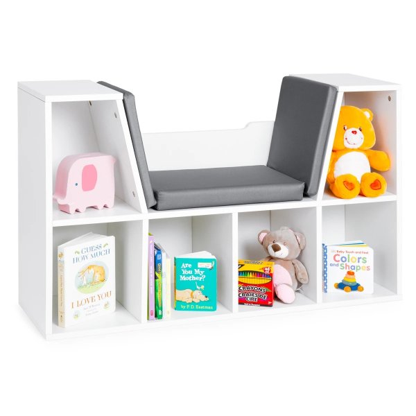 6-Cubbie Kids Bookcase Furniture Accent w/ Cushioned Reading Nook - White