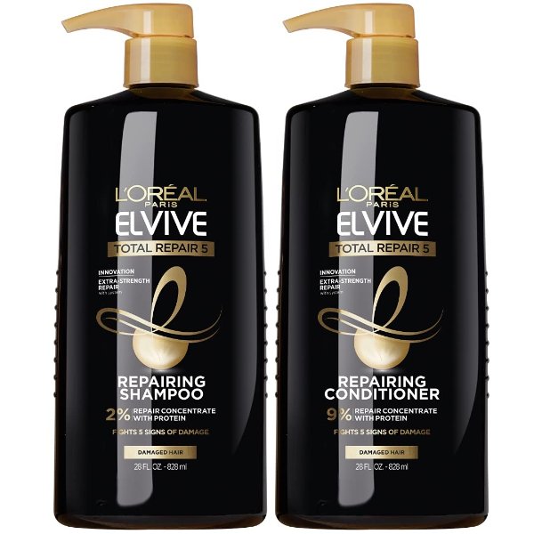 Elvive Total Repair 5 Repairing Shampoo and Conditioner for Damaged Hair, 28 Ounce (Set of 2)