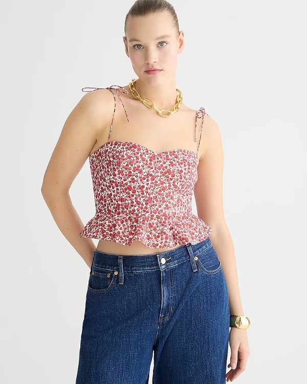 Cropped bustier peplum top in Liberty® Eliza's Red fabric
