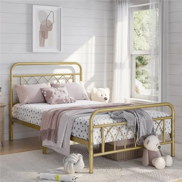 Metal Platform Bed with Headboard and Footboard, Twin Size, Antique Gold