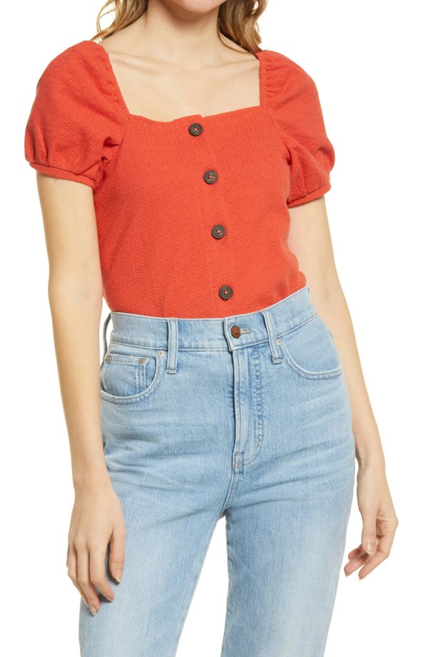 Women's Jacquard Square Neck Puff Sleeve Top
