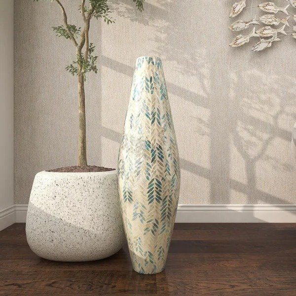 33-in. Coastal White Shell/Bamboo Vase