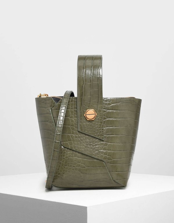 Croc-Effect Wristlet Handle Bucket Bag