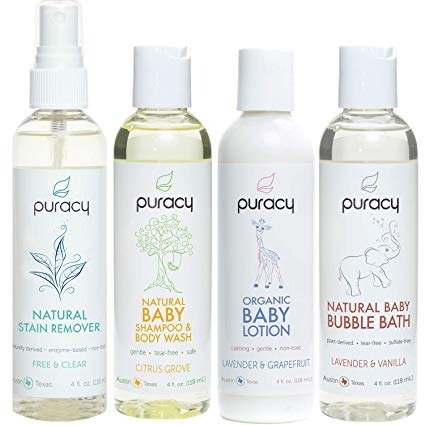 Organic Baby Care Gift Set, Travel Size Natural Lotion, Shampoo, Bubble Bath, Stain Remover
