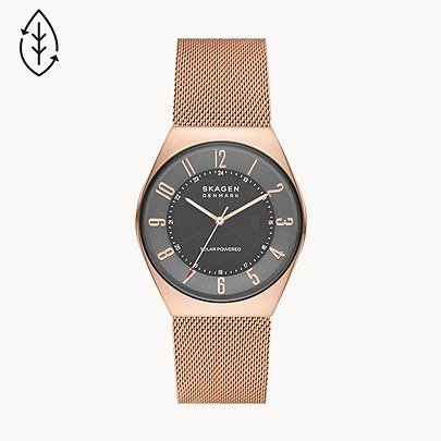 Grenen Solar-Powered Rose Gold Stainless Steel Mesh Watch