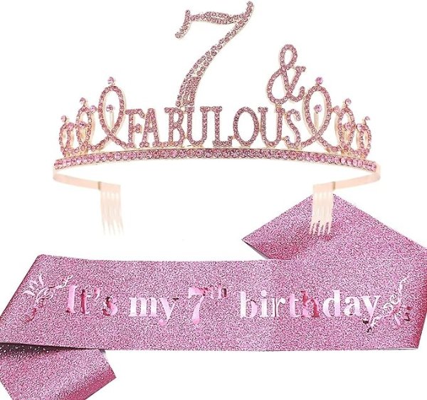 7th Birthday Sash and Tiara for Girls - Fabulous Glitter Sash + Fabulous Rhinestone Pink Premium Metal Tiara for Girls, 7th Birthday Gifts for Princess Party