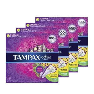 Tampax Radiant Plastic Tampons, 18 Regular/14 Super Absorbency, Unscented, 32 Count, Pack of 4 (Total 128 Count)