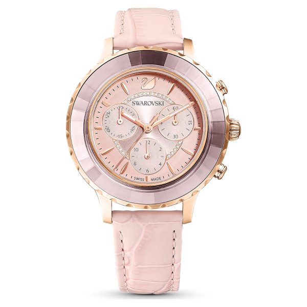 Octea Lux Chrono watch, Leather strap, Pink, Rose-gold tone PVD by SWAROVSKI