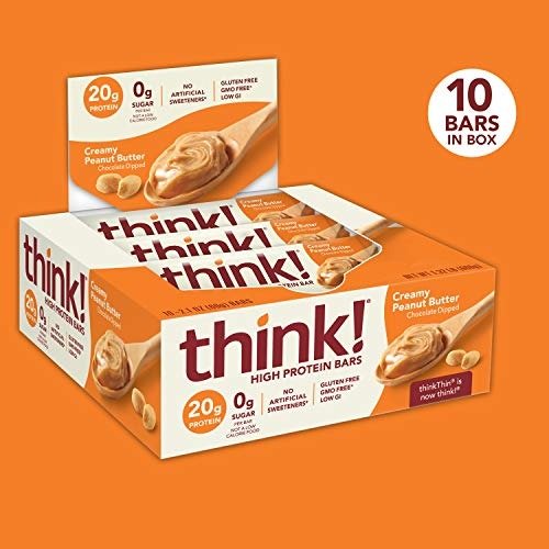 (thinkThin) High Protein Bars - Creamy Peanut Butter, 20g Protein, 0g Sugar, No Artificial Sweeteners**, Gluten Free, GMO Free*, 2.1 Ounce (10 Count) Packaging May Vary