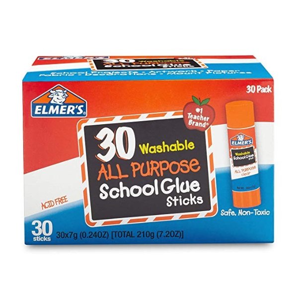 All Purpose School Glue Sticks, Washable, 30 Pack, 0.24-ounce sticks @ Amazon.com