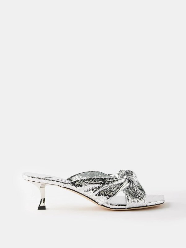 Avenue 50 knotted metallic-leather mules