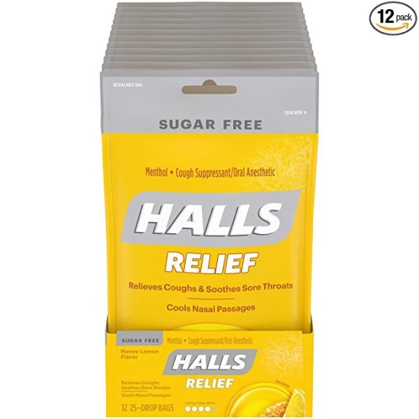 Relief Sugar Free Honey Lemon Flavor Cough Drops, 12 Bags (300 Total Drops)