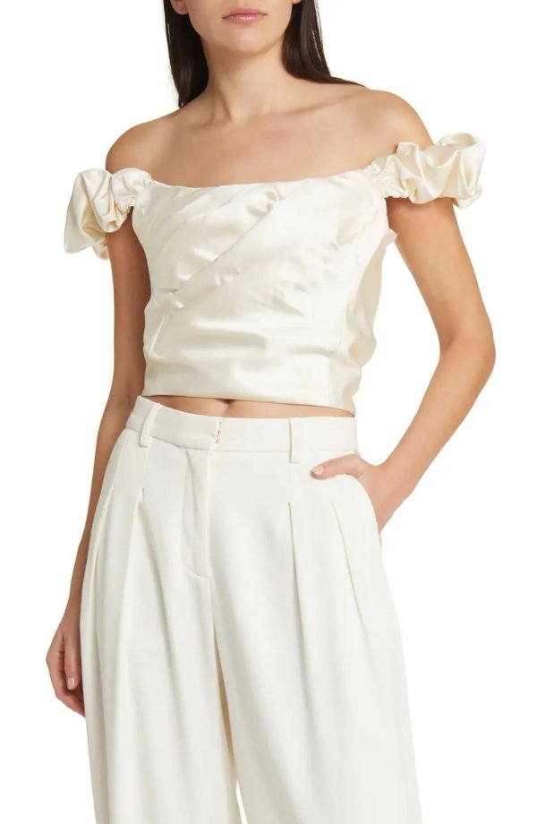 Ileana Pleated Off the Shoulder Satin Top