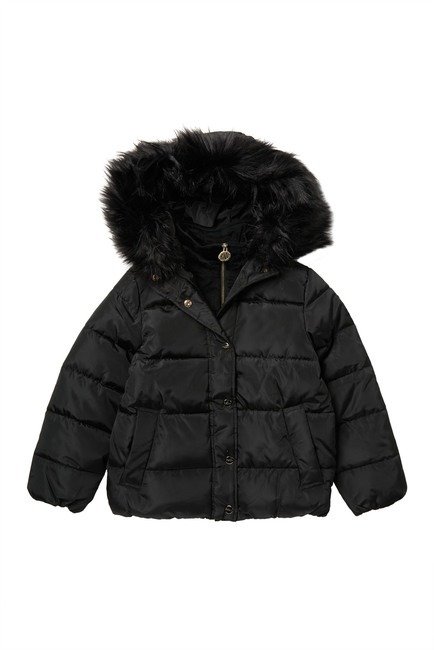 Faux Fur Trimmed Short Puffer Jacket (Big Girls)