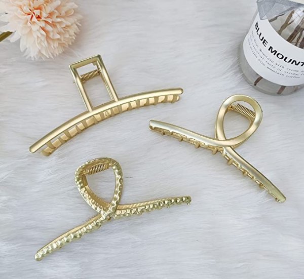 3 Pack Large Metal Hair Claw Clips - 4.5 Inch Nonslip Big Nonslip gold hair clamps,Perfect Jaw hair clamps for Women and Thinner, Thick hair styling,Strong Hold Hair,Fashion Hair Accessories
