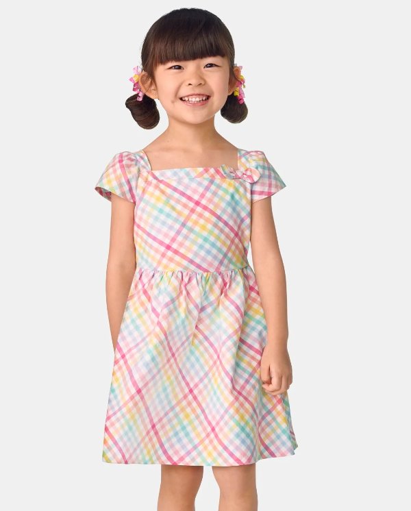 Girls Rainbow Gingham Poplin Fit And Flare Dress - Spring Celebrations - simplywht