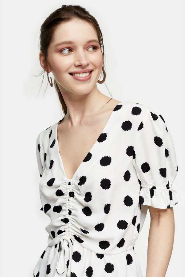 Black and White Spot Ruched Top