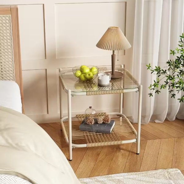 White Frame Brown Rattan 17.7 in. Width Woven Square Tempered Glass Top Nightstand End Table with 1 Open Shelf