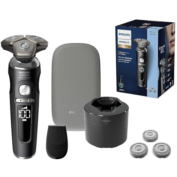 Norelco S9000 Prestige Rechargeable Wet & Dry Shaver with Bonus Set of Replacement Shaving Heads, SP9840/90