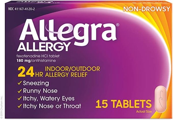 Adult Non-Drowsy Antihistamine Tablets, 15-Count, 24-Hour Allergy Relief, 180 mg